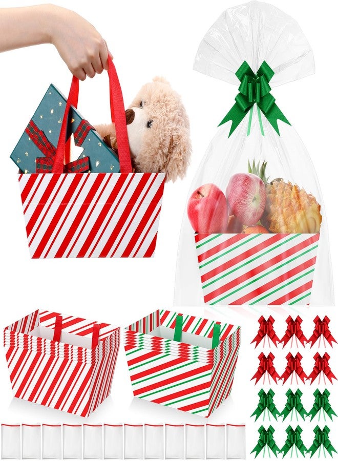 Skyygemm 12 Pcs Christmas Basket for Gifts Empty Kit 9.8 x 6.5'' Gift Basket Empty to Fill Bulk with Handles Cellophane Bags Pull Bows Twists for Holiday Xmas Party Wrapping(Candy Stripe) - Image 1